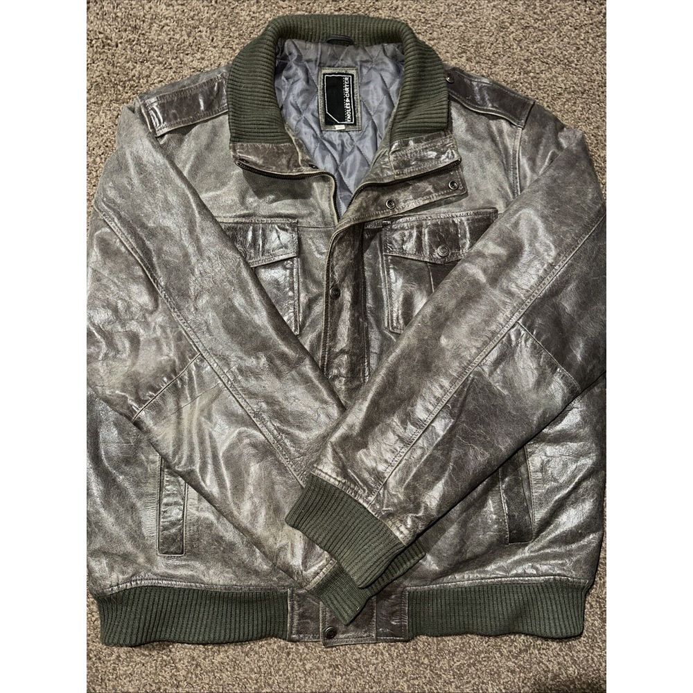 Knoles & Carter Bomber Coat 4XL Olive‎ Green Leather Button Zip Up Quilted Men